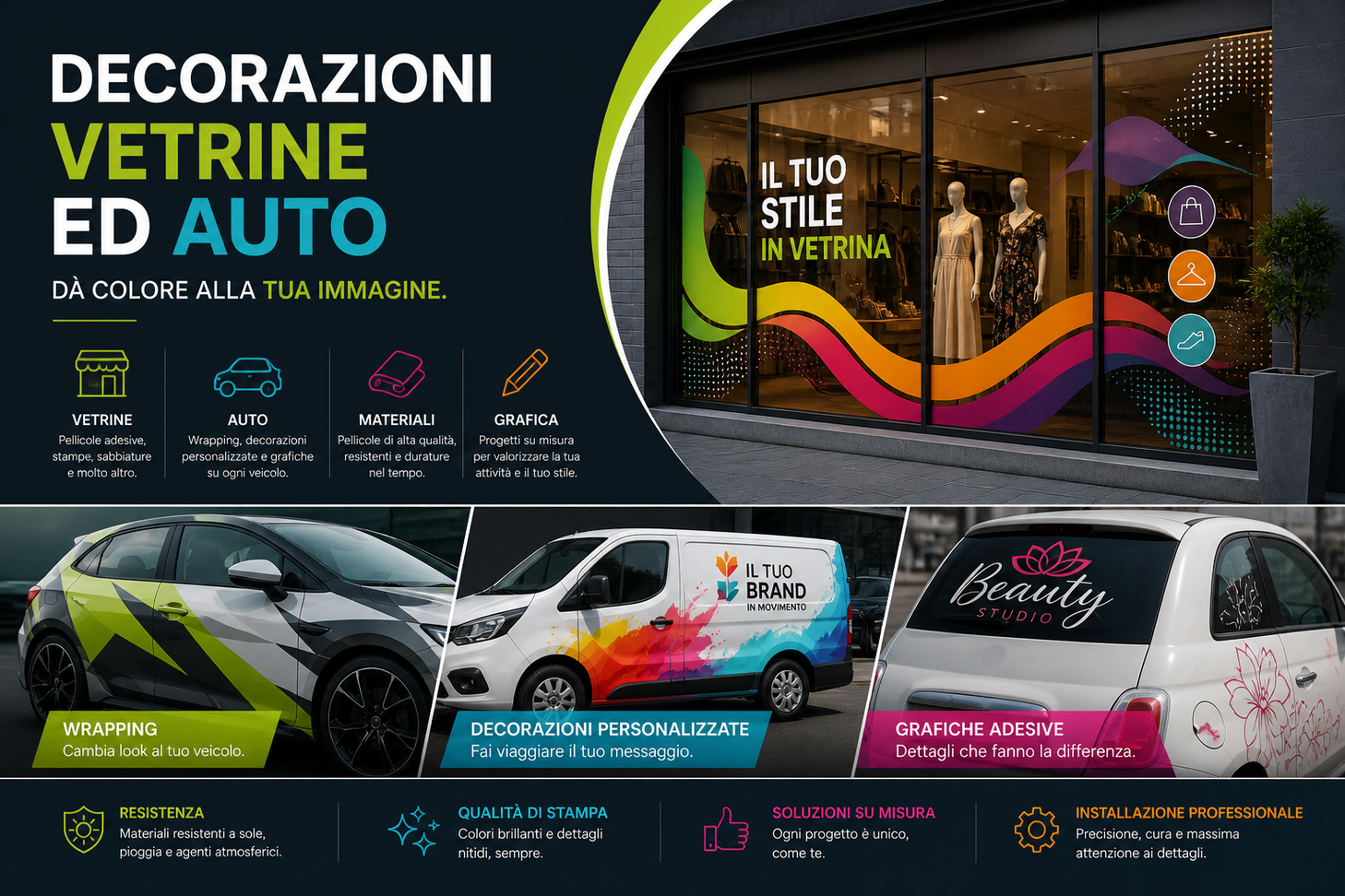 Vetrina e furgone decorati con grafiche coordinate