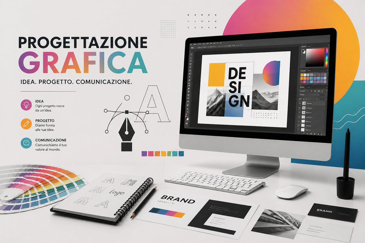 Graphic designer al lavoro su computer con bozze di loghi e layout